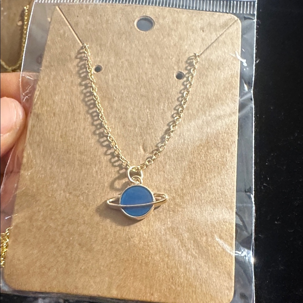 Gold and Blue Planet Pendant Necklace